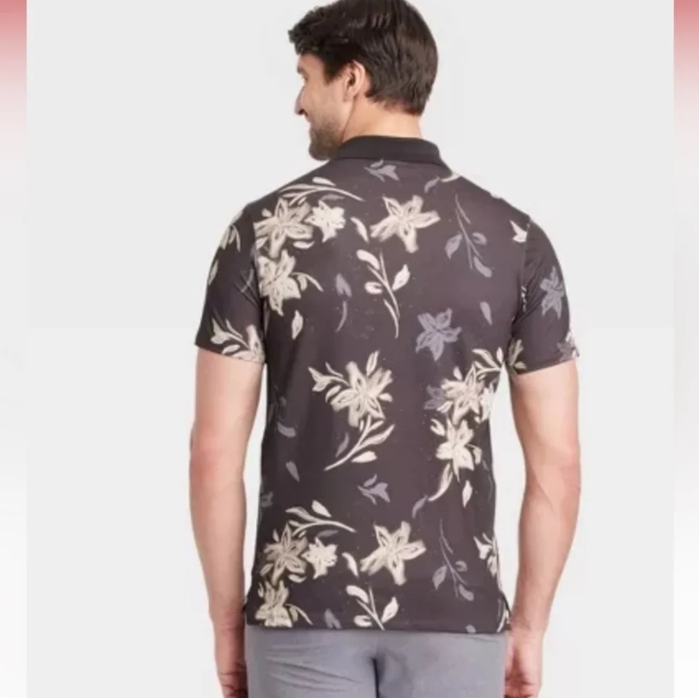 Men's Floral Print Textured Polo Shirt - All In Motion Black/Gray XL